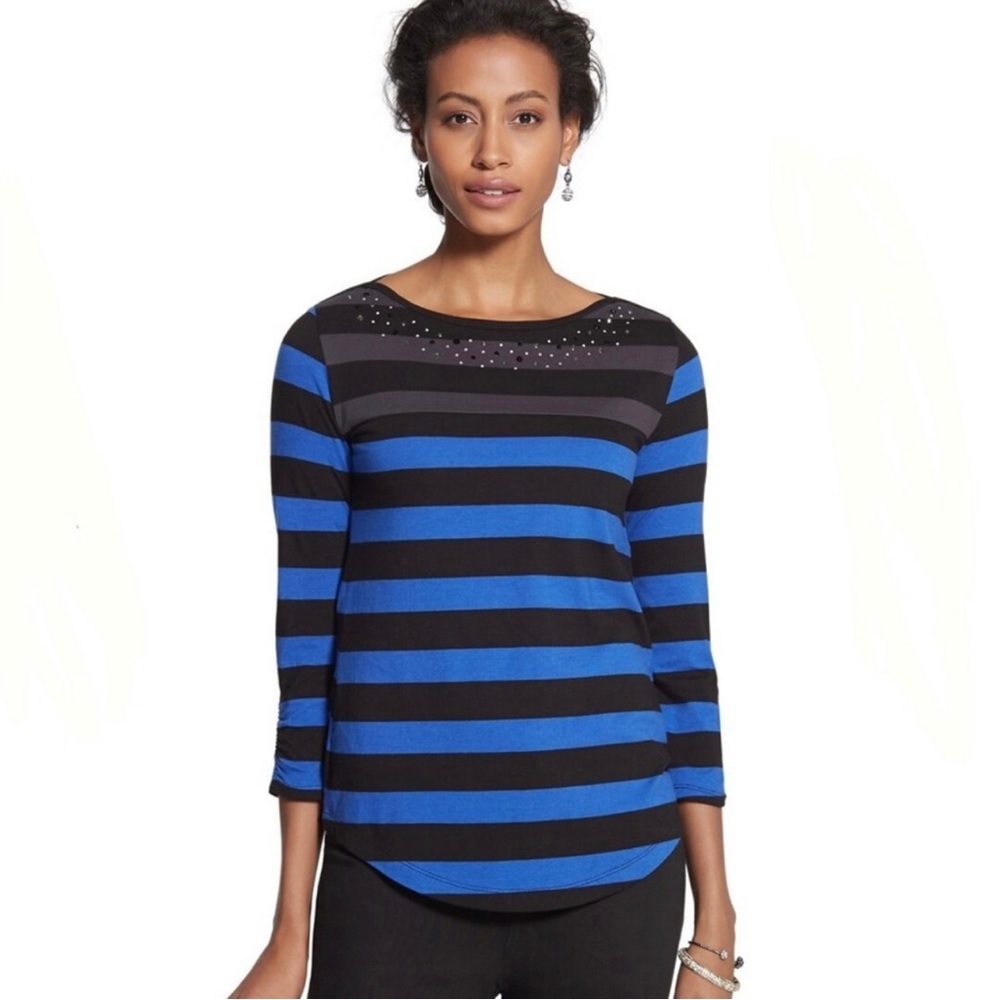Zenergy by Chico's “Holly” Black & Blue 3/4 Sleeve Striped Studded Tee M